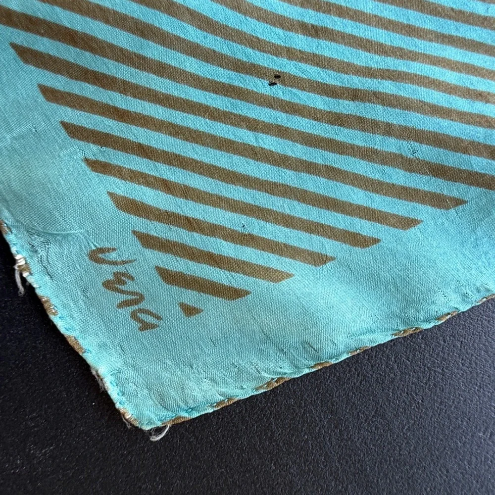 Vera Neumann Vintage Silk Scarf Turquoise Brown Diagonal Stripe Hand Rolled Edge